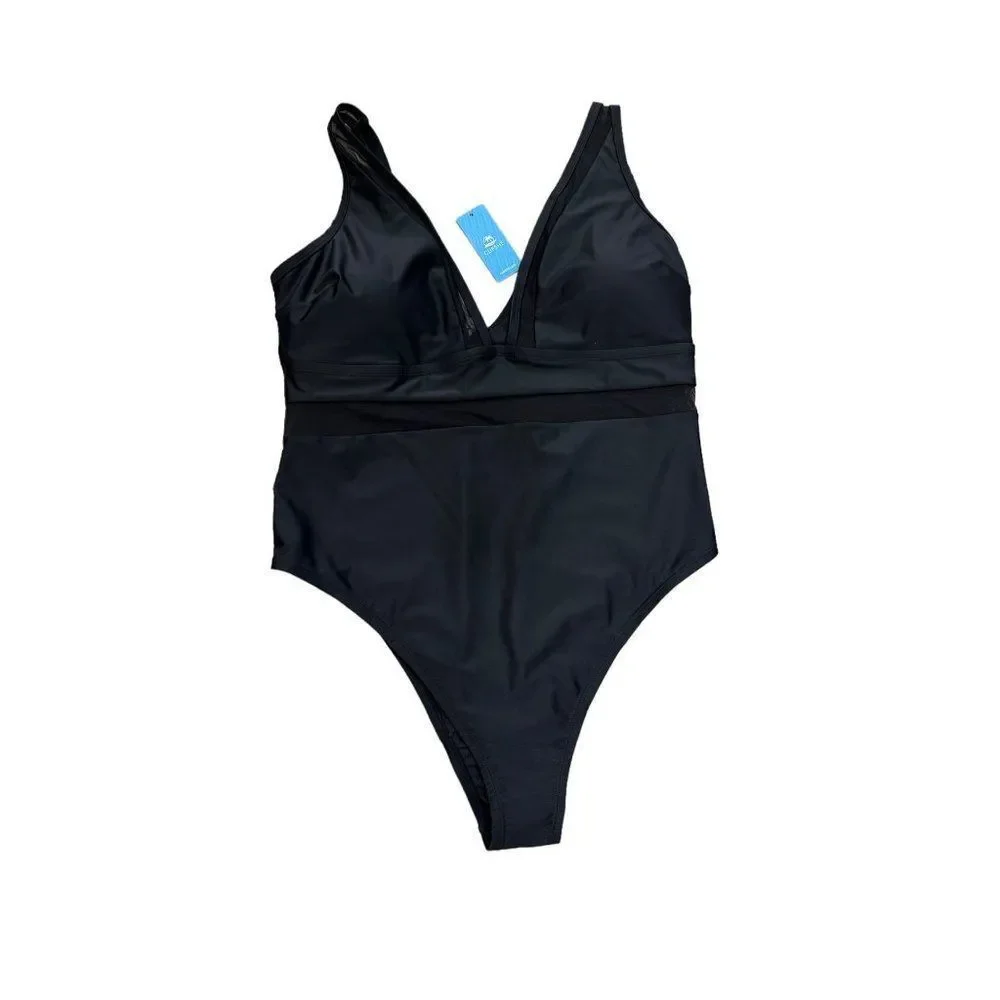 NWT Cupshe One Piece Swimsuit V Neck Mesh SHeer Tummy Control 2X